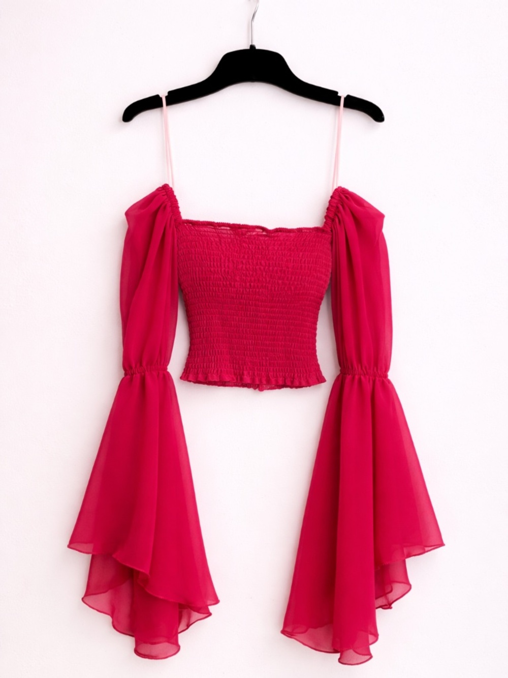 Hot Pink Smocked Crop Top | Sheer Bell Sleeve | Off-Shoulder Look